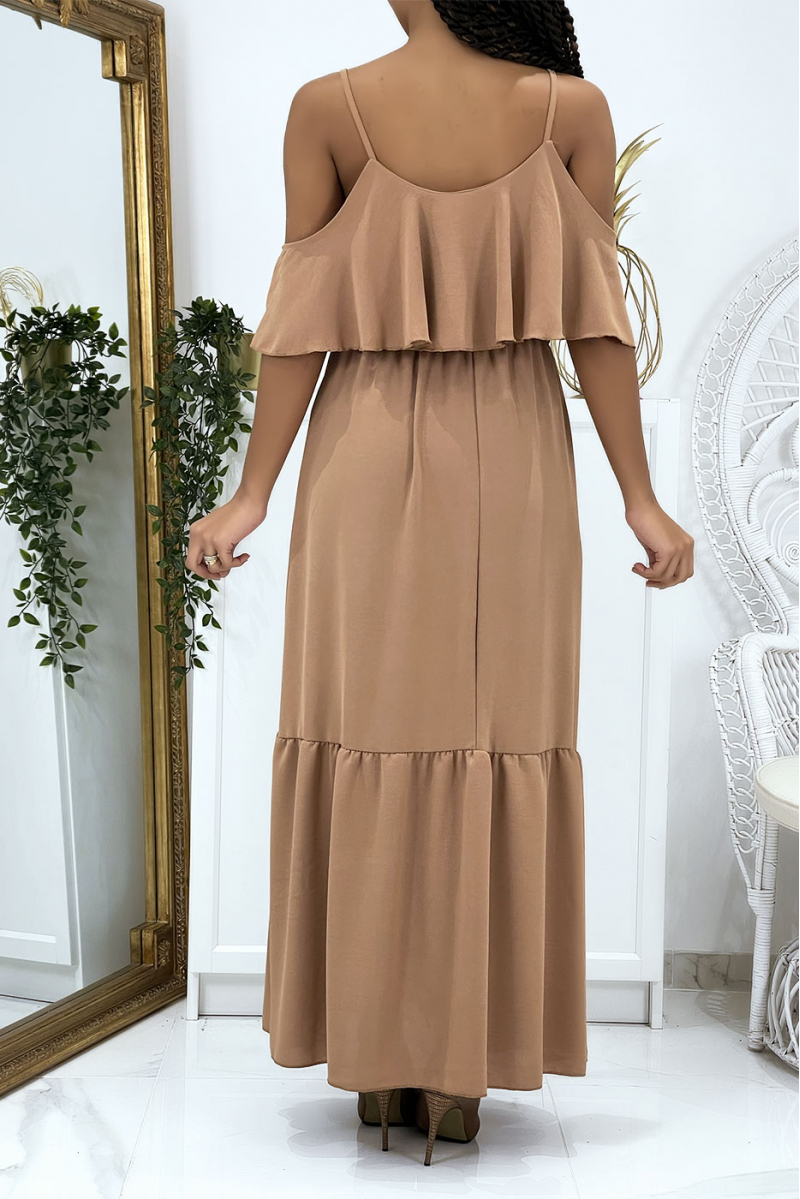 Long camel flared ruffled dress with straps - 2