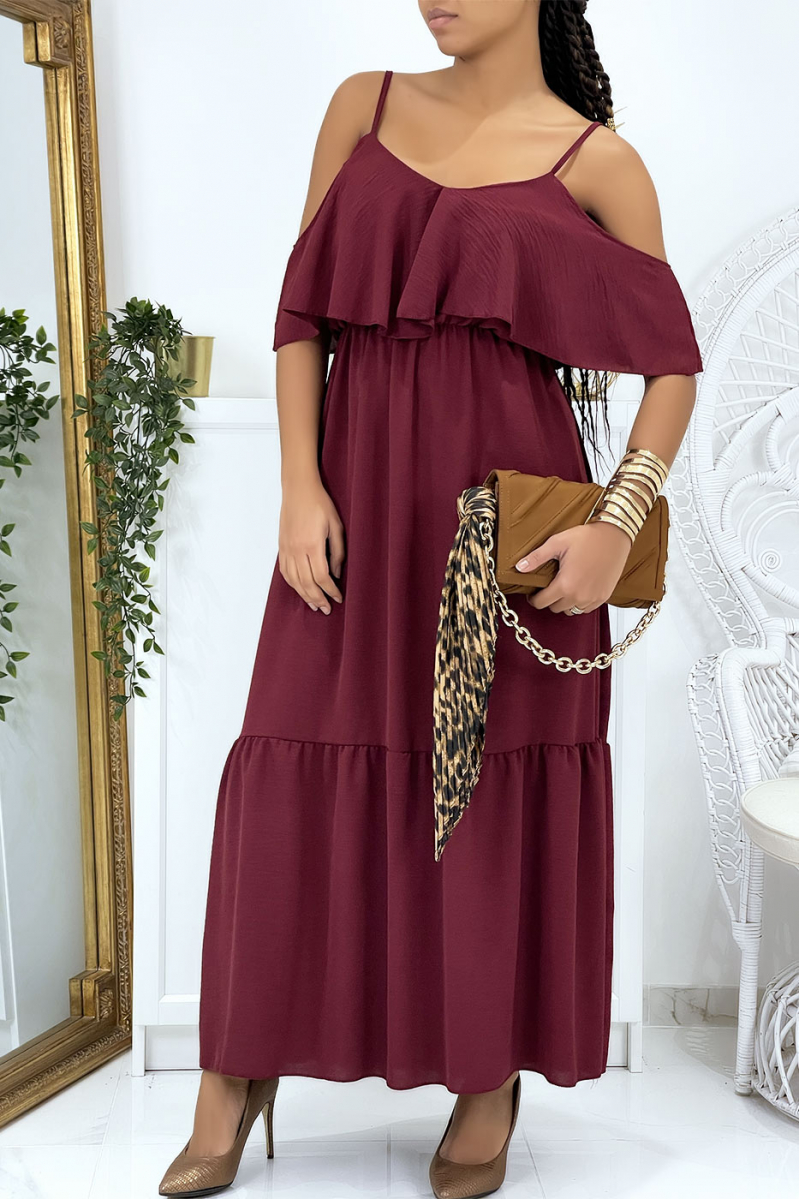 Long burgundy flared ruffled dress with straps - 1