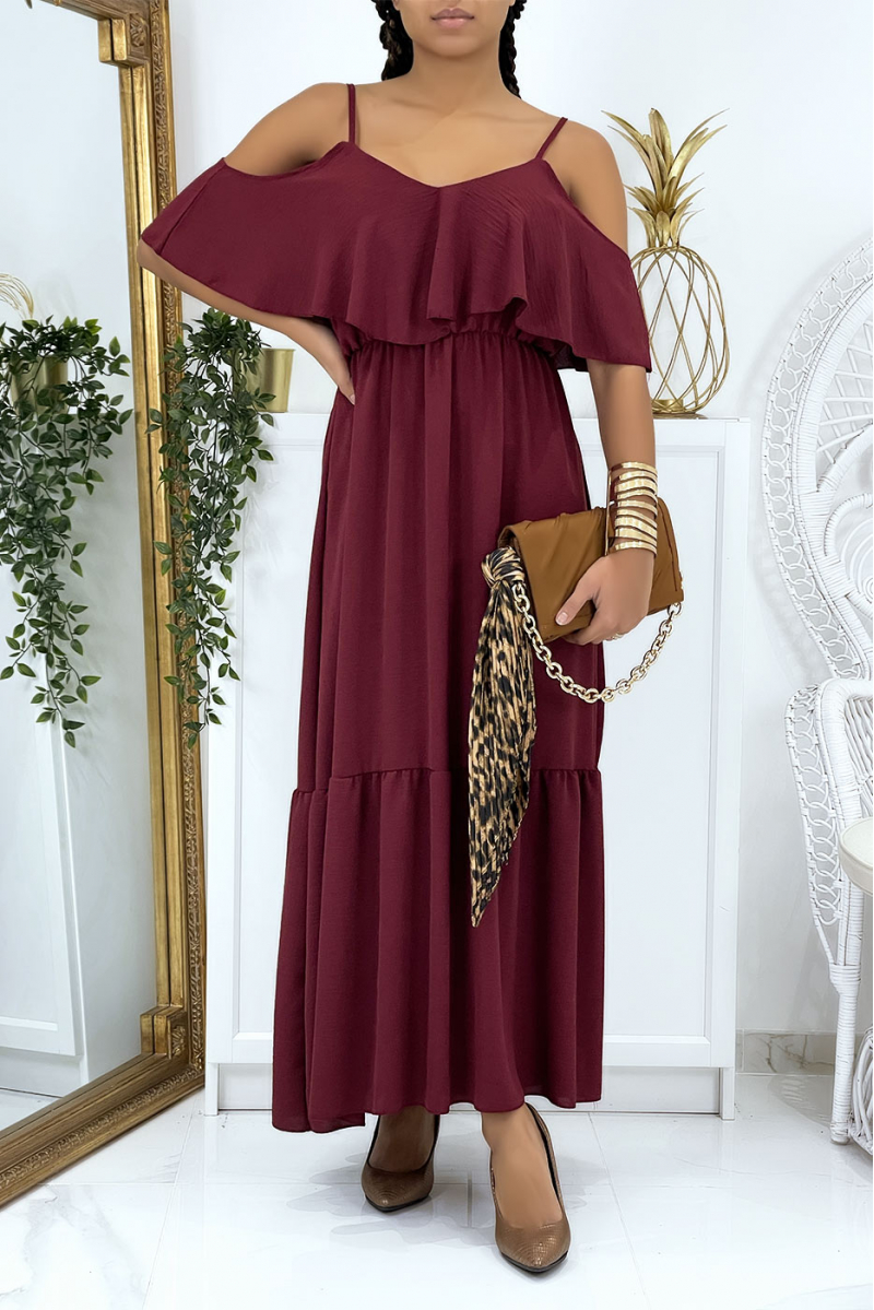 Long burgundy flared ruffled dress with straps - 2