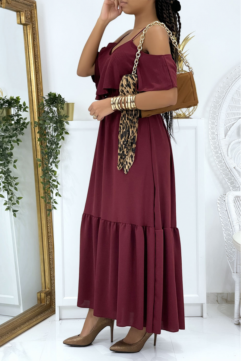 Long burgundy flared ruffled dress with straps - 3
