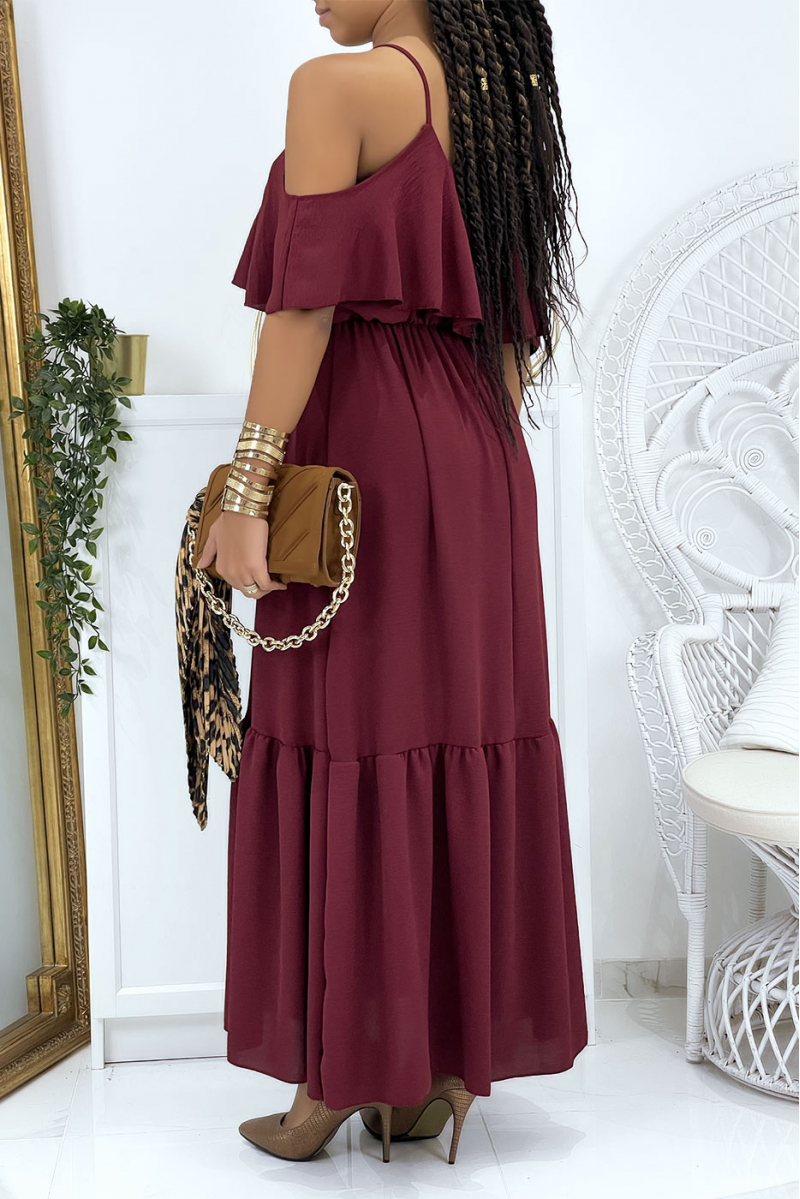 Long burgundy flared ruffled dress with straps - 4