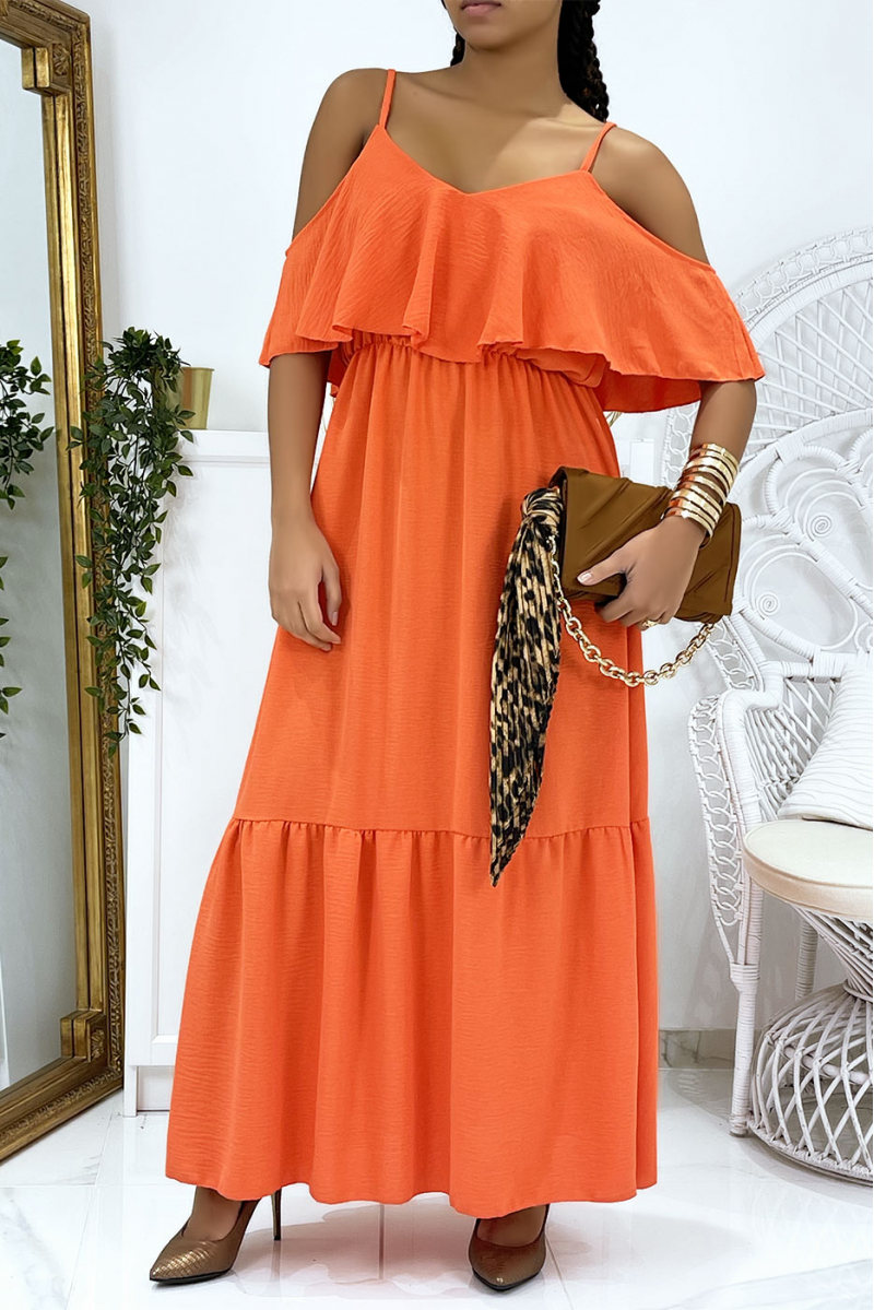 Long flared ruffled coral dress with straps - 2