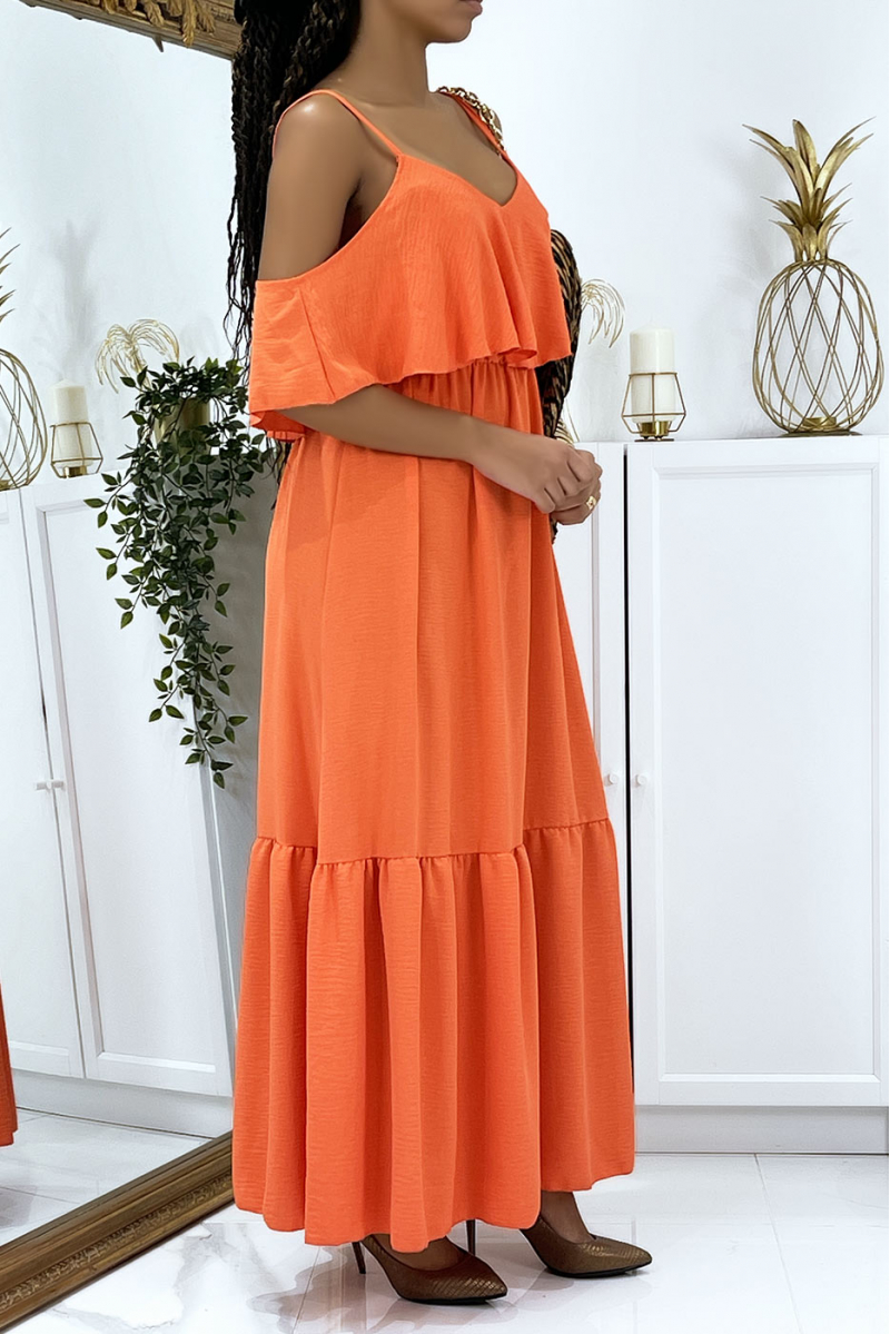 Long flared ruffled coral dress with straps - 3