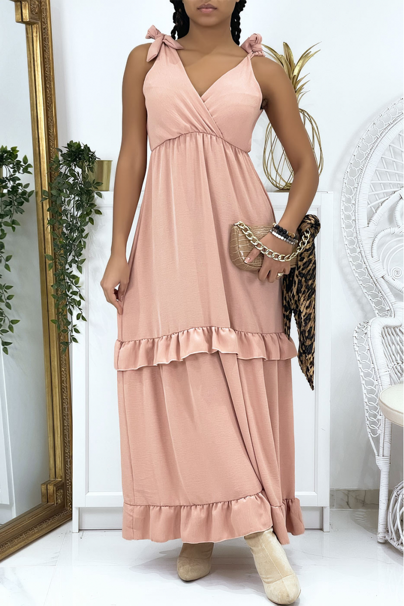 Long pink dress crossed at the bust with bows on the shoulders - 2
