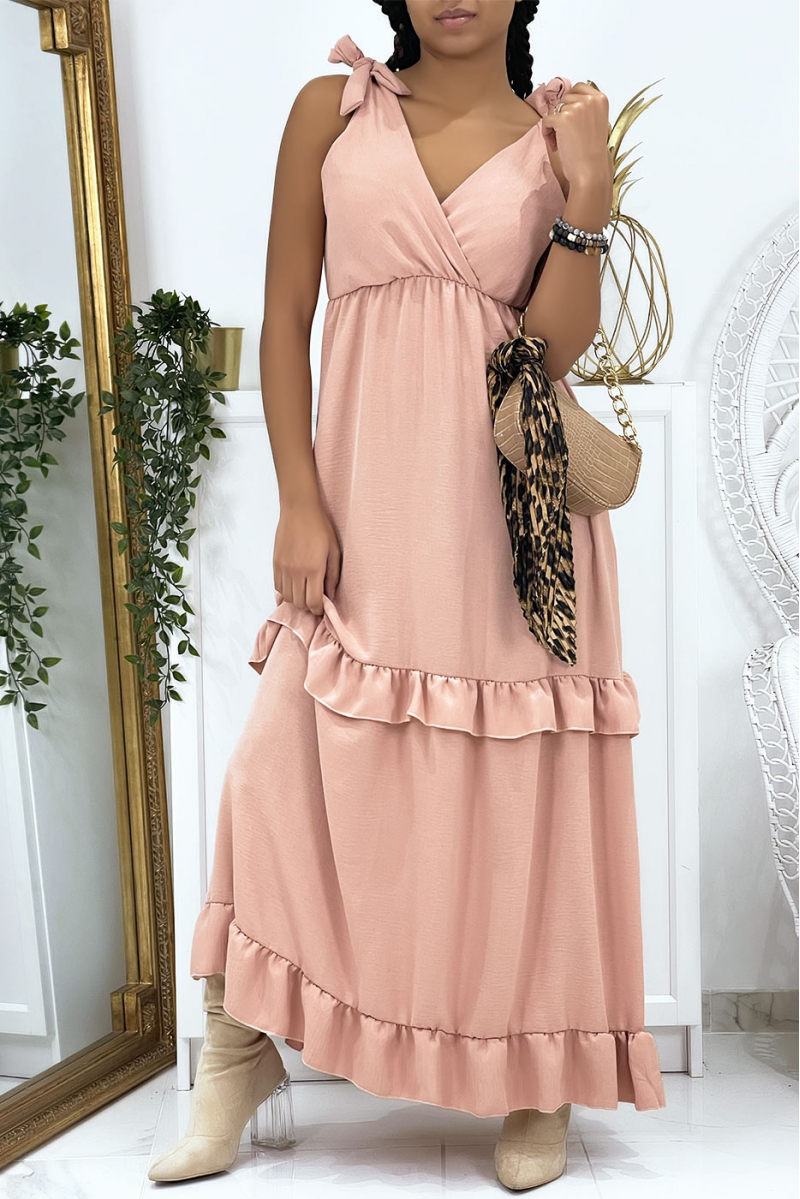 Long pink dress crossed at the bust with bows on the shoulders - 6