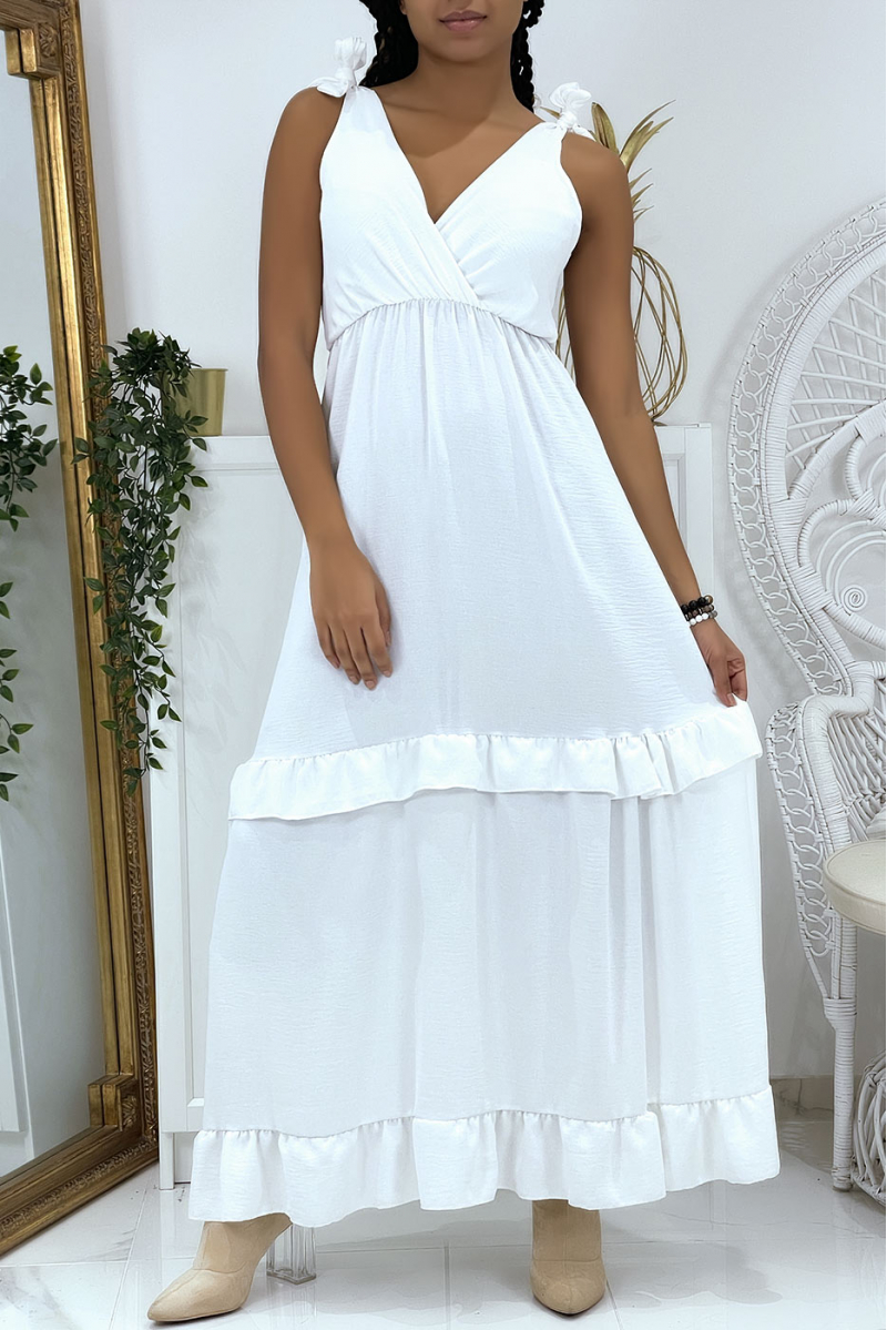 Lange witte jurk gekruist bij de buste met strikken op de schouders - 4