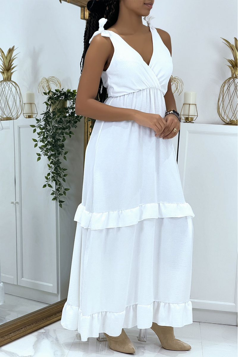Lange witte jurk gekruist bij de buste met strikken op de schouders - 6