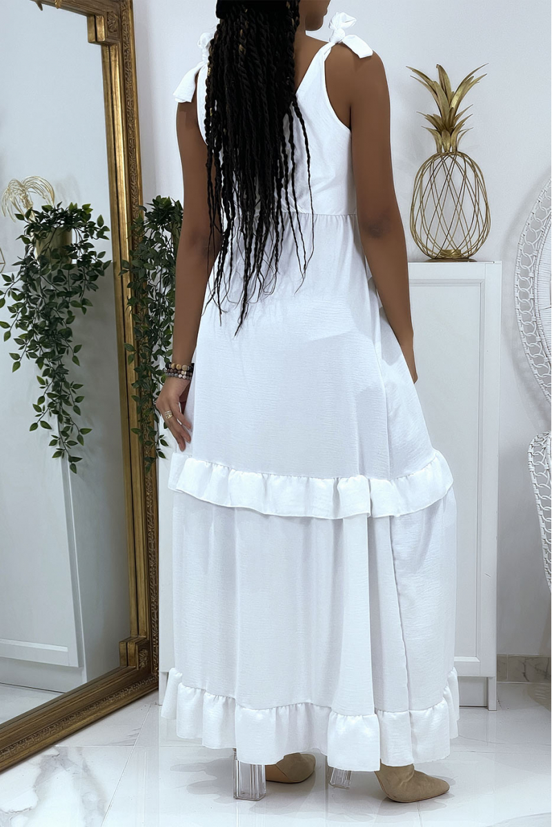 Lange witte jurk gekruist bij de buste met strikken op de schouders - 7