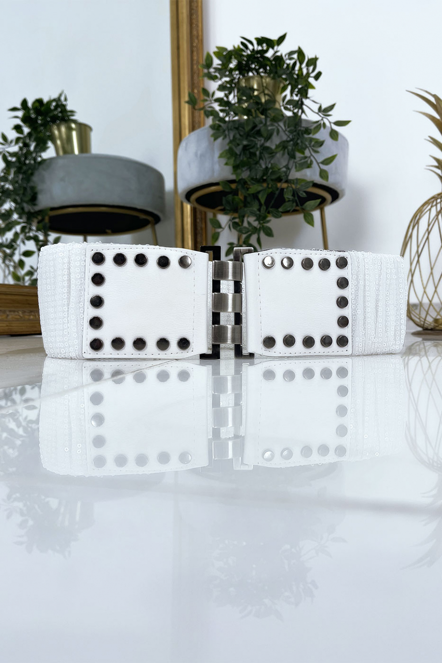 White waistband with elastic and sequins. Women's belt - 2