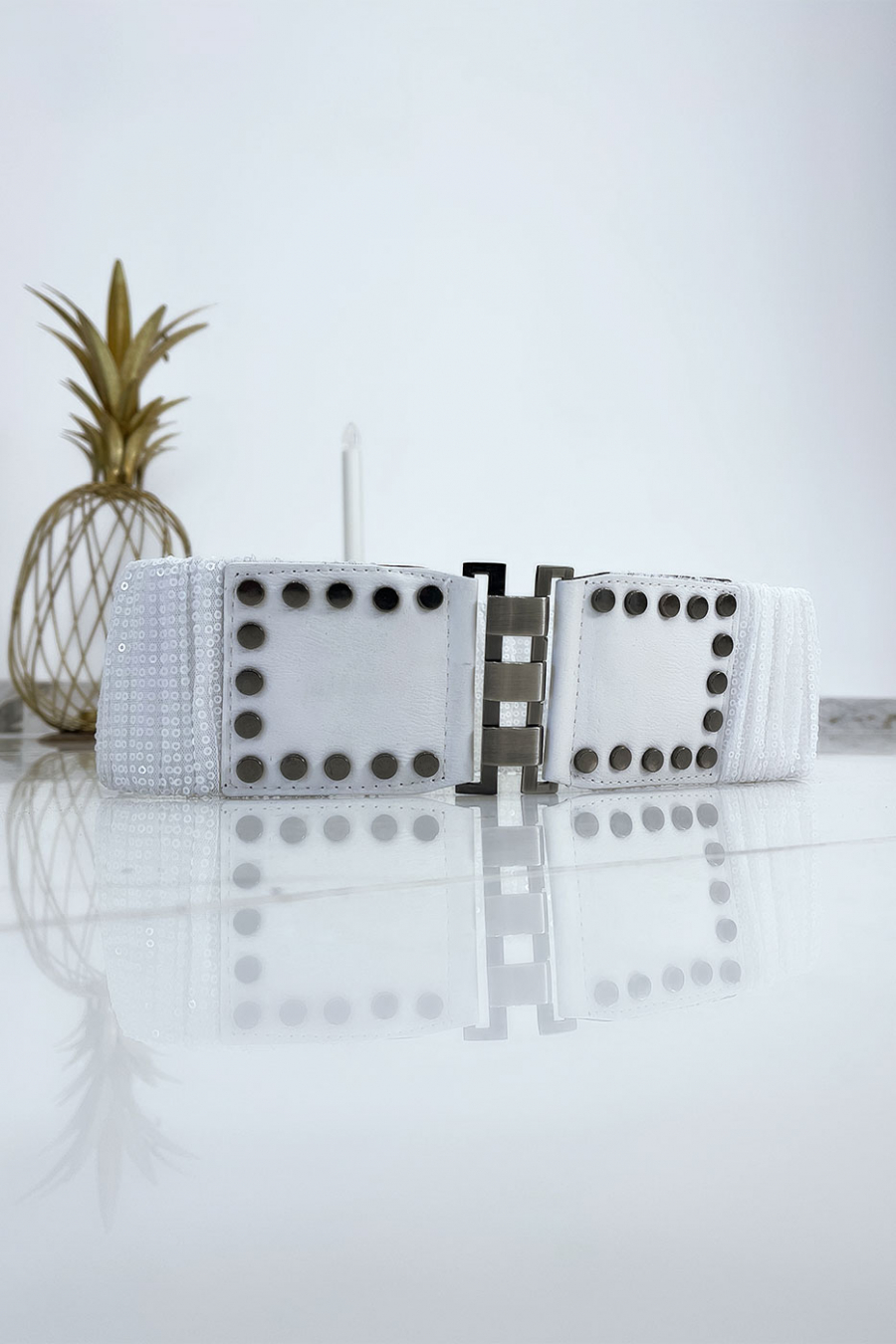 Witte tailleband met elastiek en pailletten. Dames riem - 3