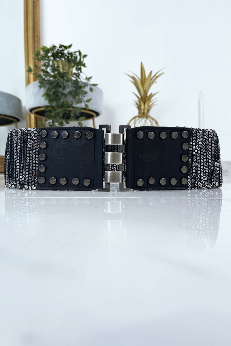 Black waistband with elastic and sequins. Women's belt - 1