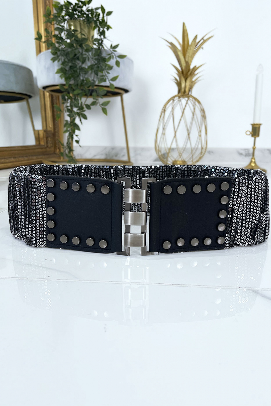 Black waistband with elastic and sequins. Women's belt - 2