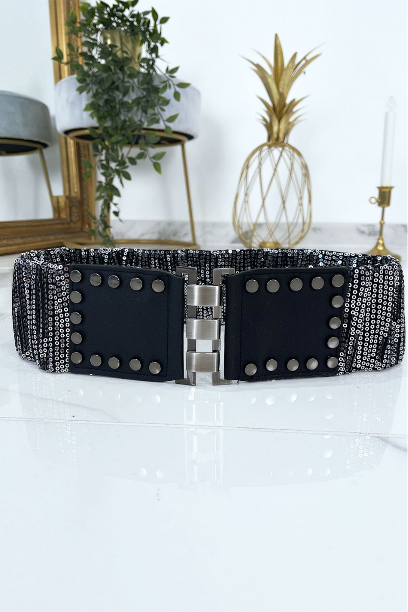 Black waistband with elastic and sequins. Women's belt - 2