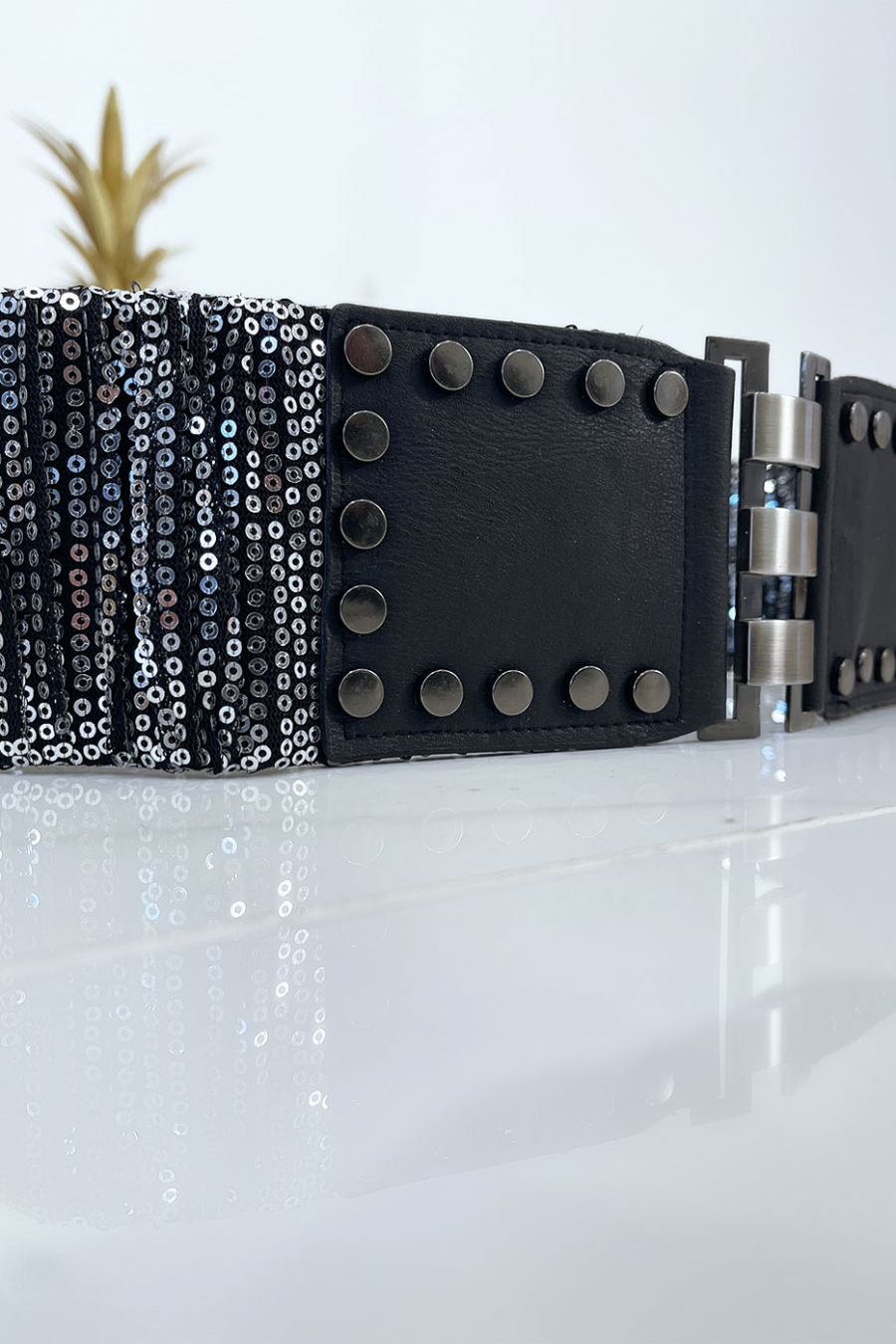 Black waistband with elastic and sequins. Women's belt - 4