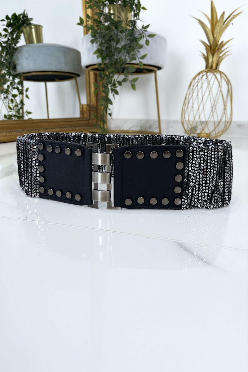 Black waistband with elastic and sequins. Women's belt - 5
