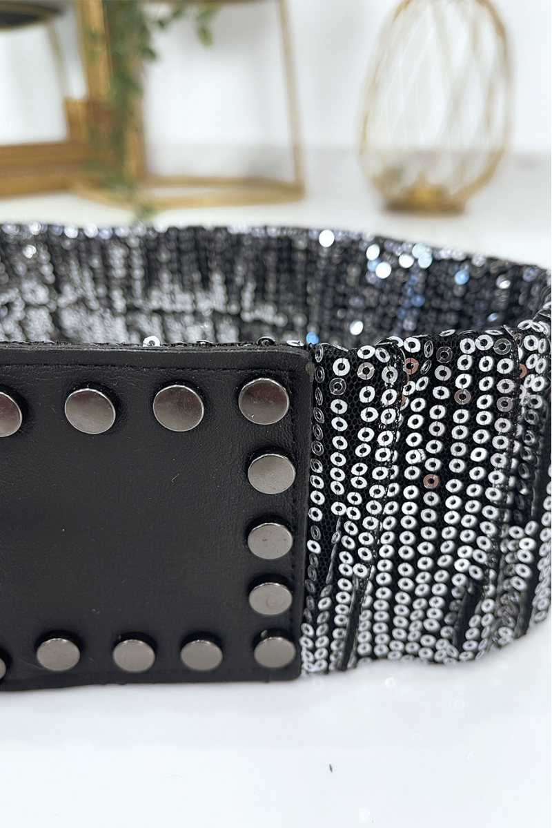 Black waistband with elastic and sequins. Women's belt - 6