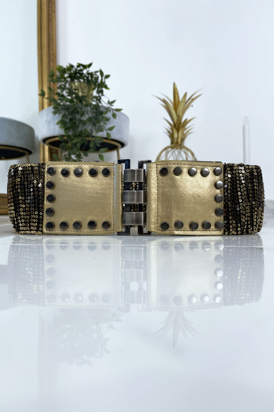 Gouden riem met elastiek en pailletten. Dames riem - 6