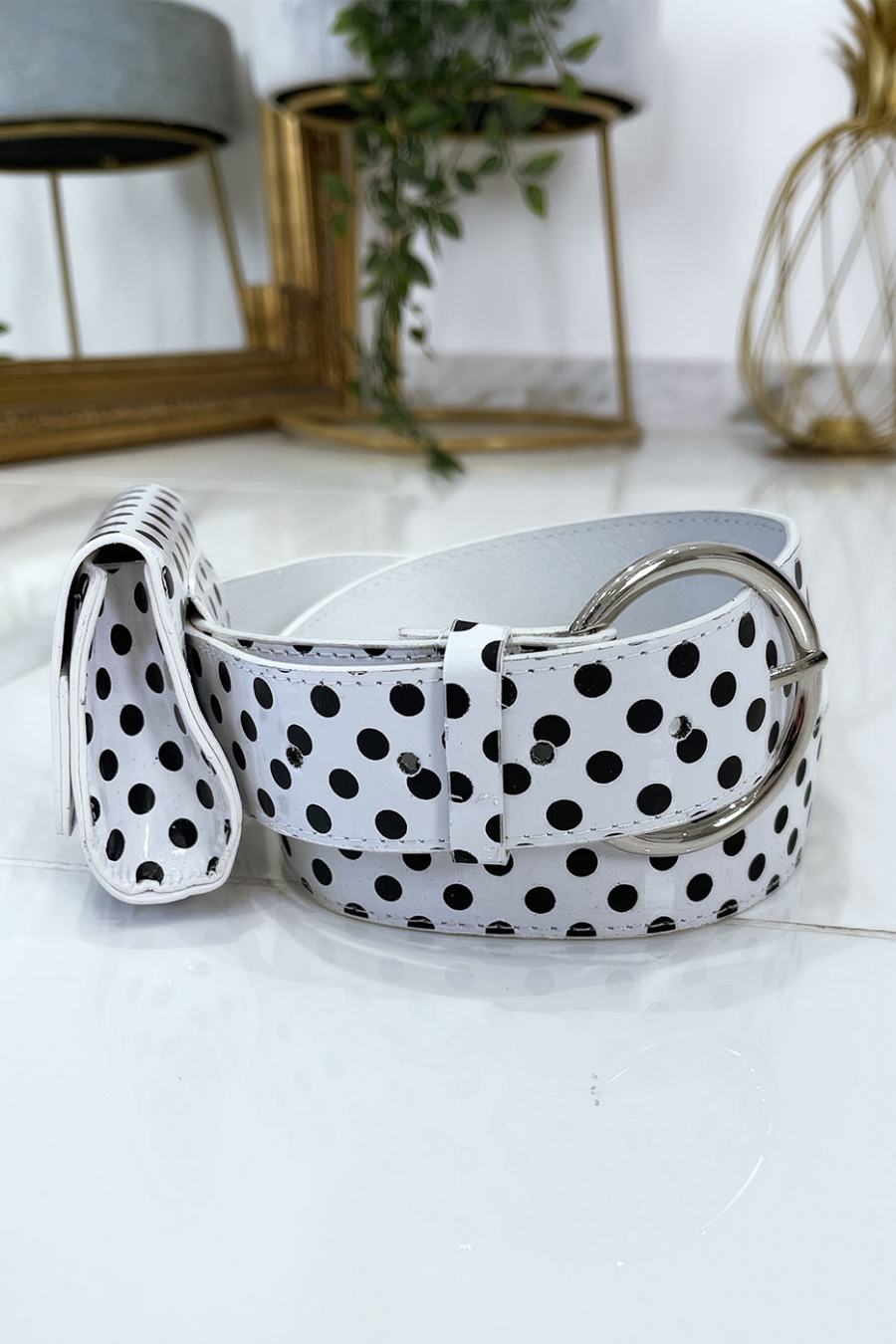 Witte polkadot riem met zak - 1