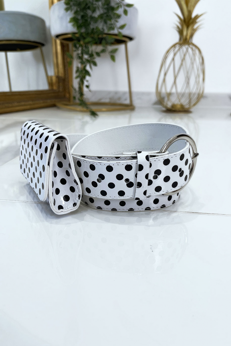 Witte polkadot riem met zak - 2
