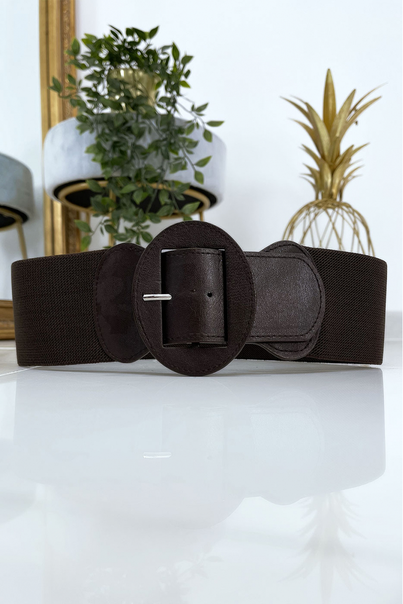 Brown oval buckle belt with elastic waist - 1