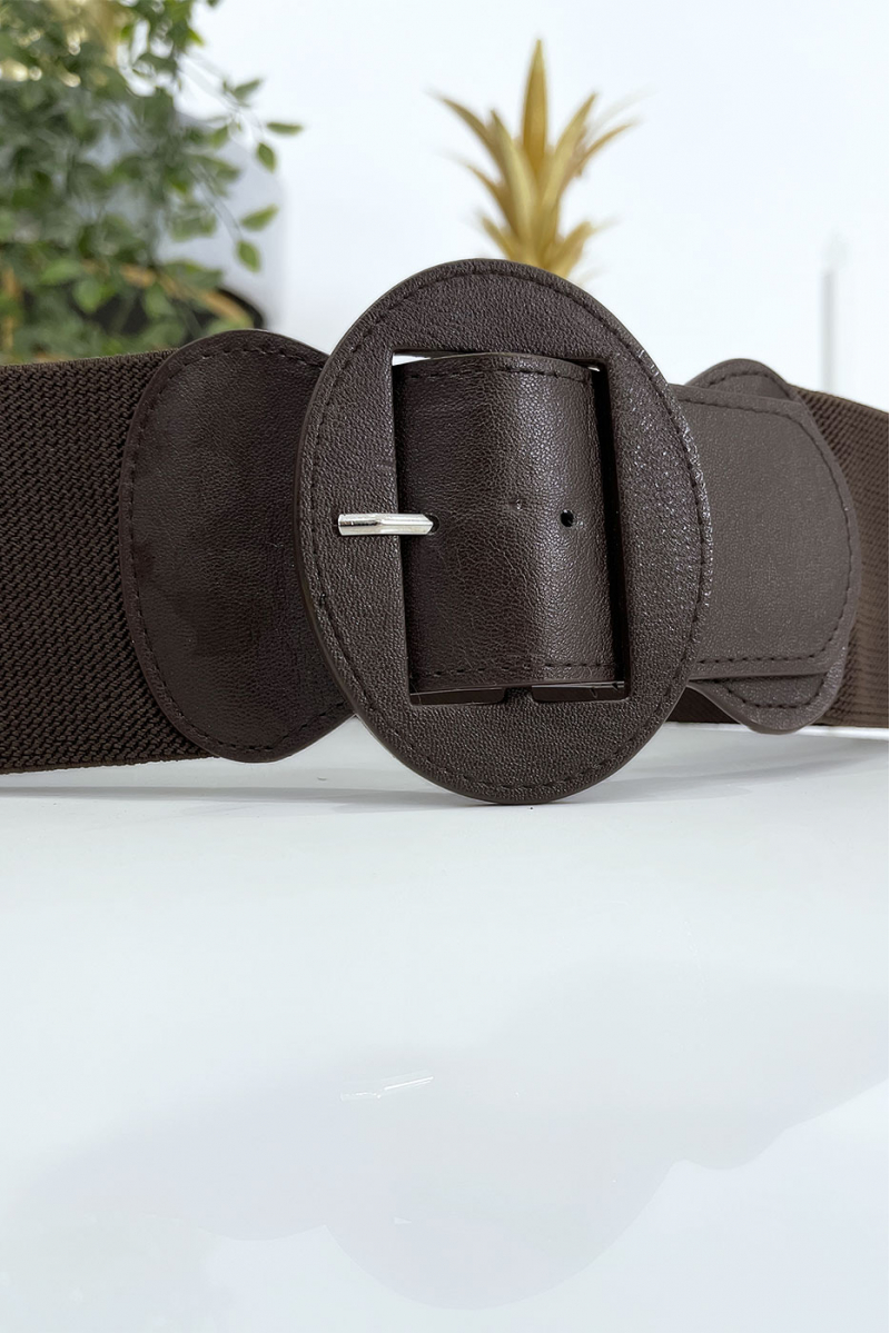 Brown oval buckle belt with elastic waist - 2