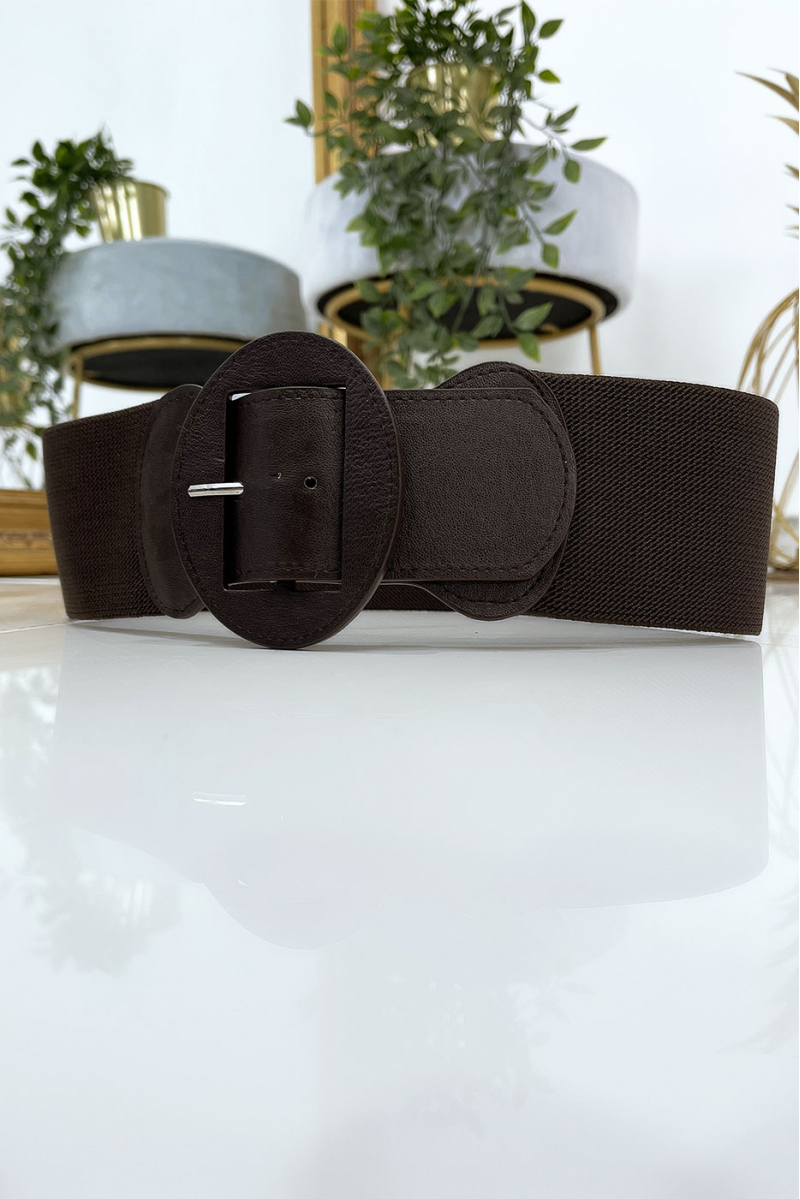 Brown oval buckle belt with elastic waist - 3