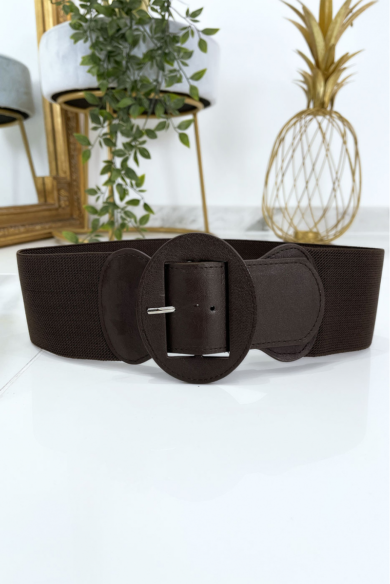 Brown oval buckle belt with elastic waist - 4