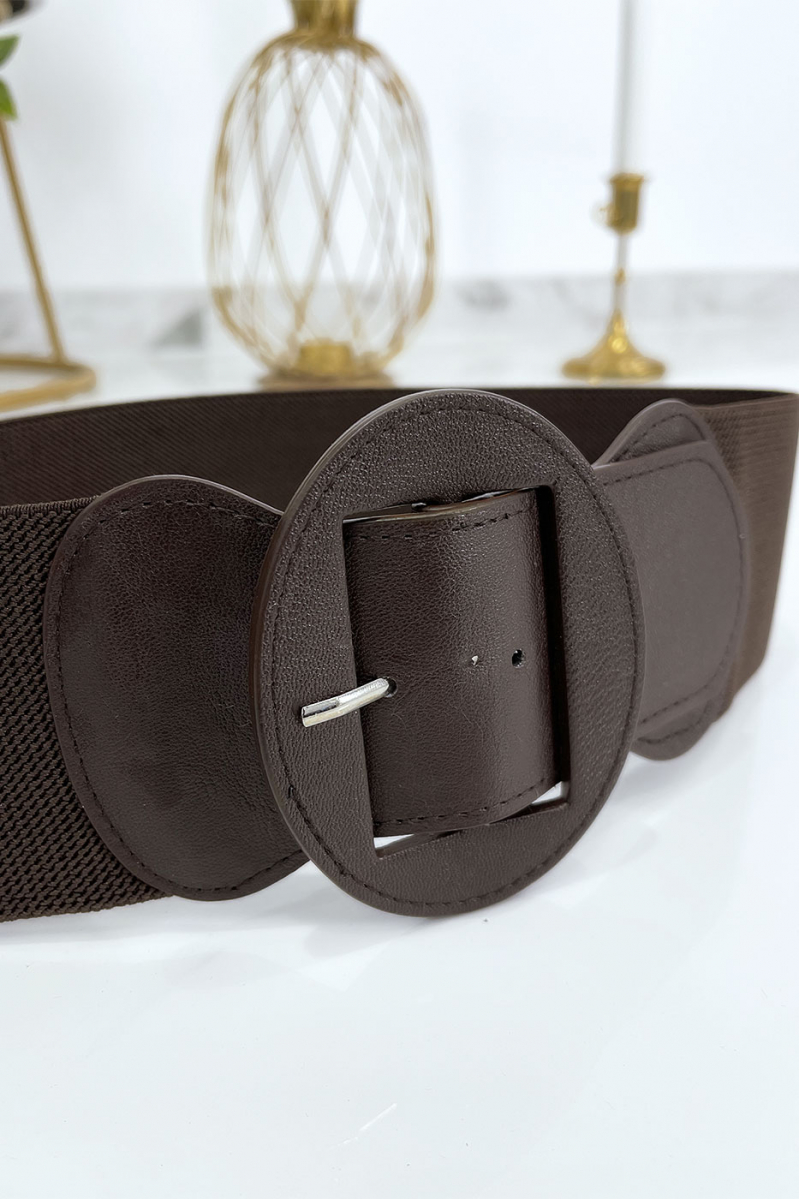 Brown oval buckle belt with elastic waist - 5