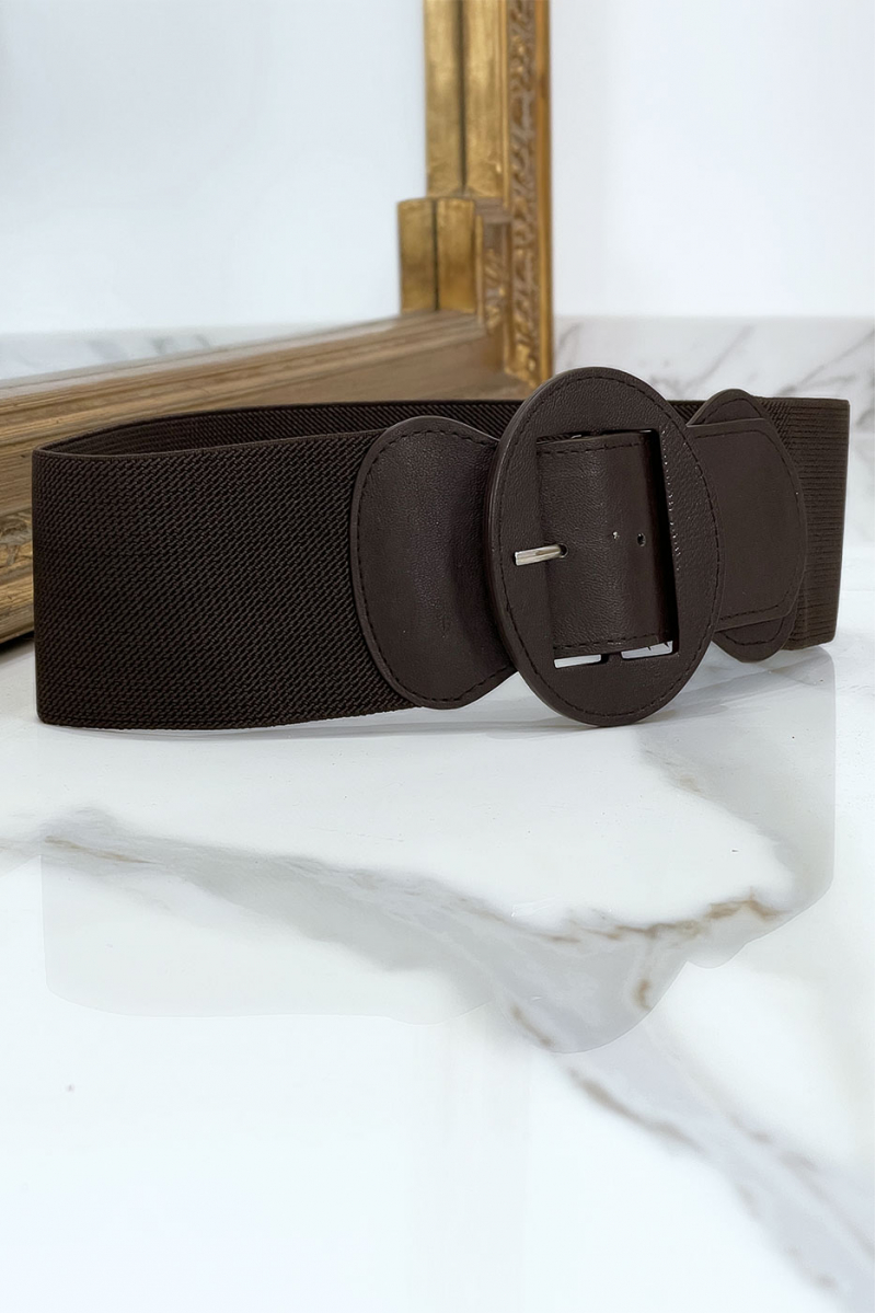 Brown oval buckle belt with elastic waist - 7