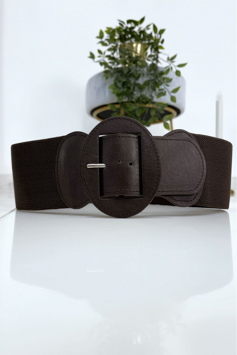 Brown oval buckle belt with elastic waist - 10