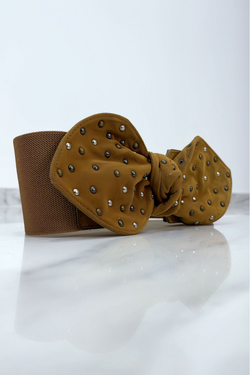Camel elastic waistband with suedette studded bow - 2