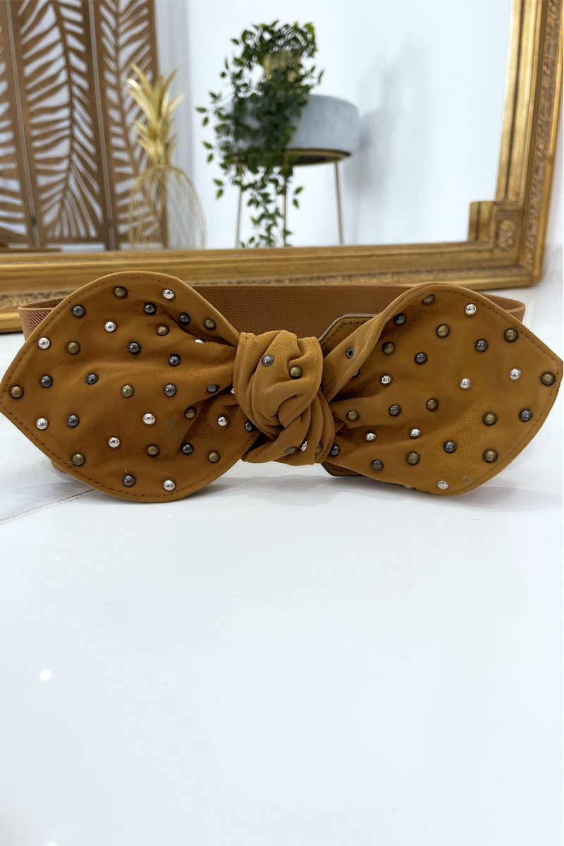 Camel elastic waistband with suedette studded bow - 4