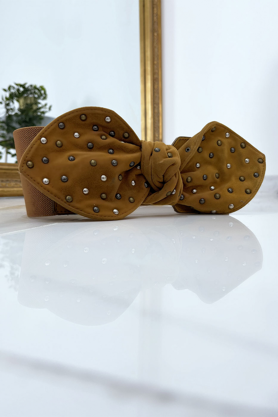 Camel elastische tailleband met suède strik met studs - 5