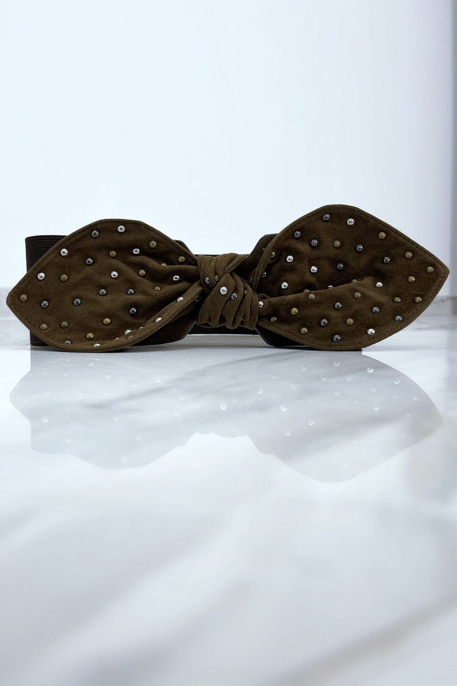 Ceinture élastique marron avec noeud clouté en suédine - 1