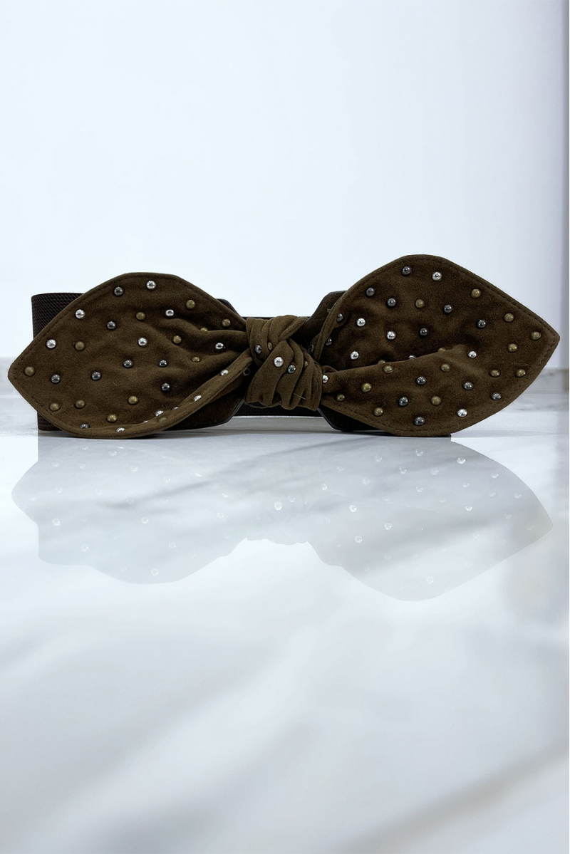 Ceinture élastique marron avec noeud clouté en suédine - 1