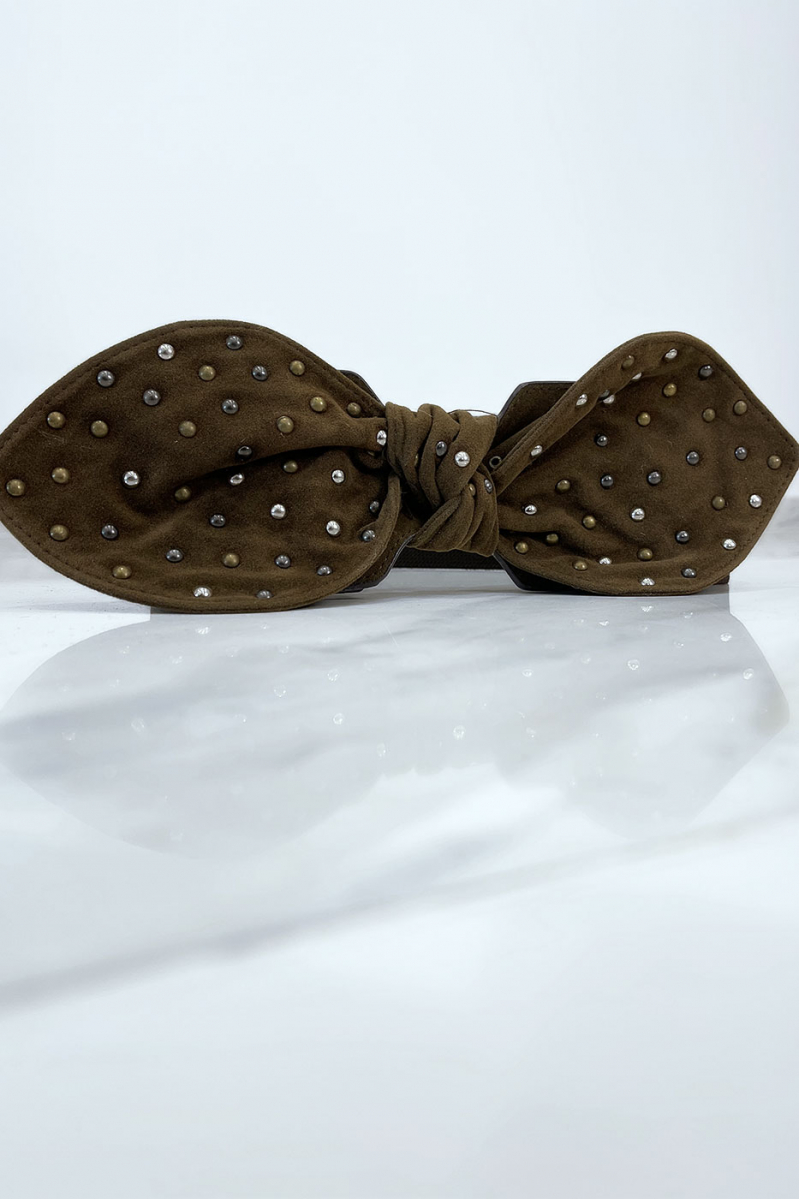 Ceinture élastique marron avec noeud clouté en suédine - 2