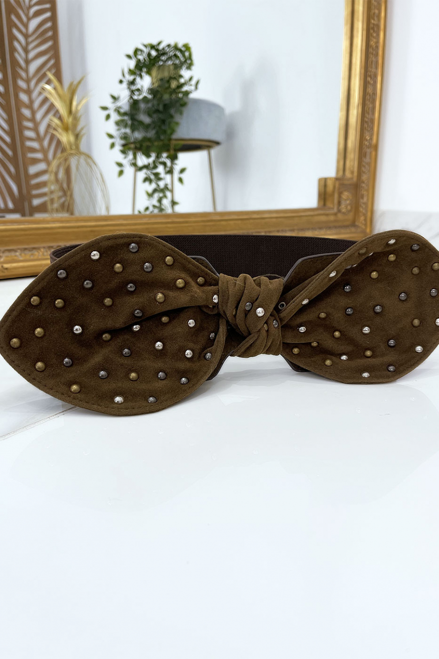 Ceinture élastique marron avec noeud clouté en suédine - 4
