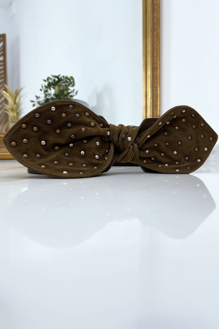 Brown elastic waistband with suedette studded bow - 5