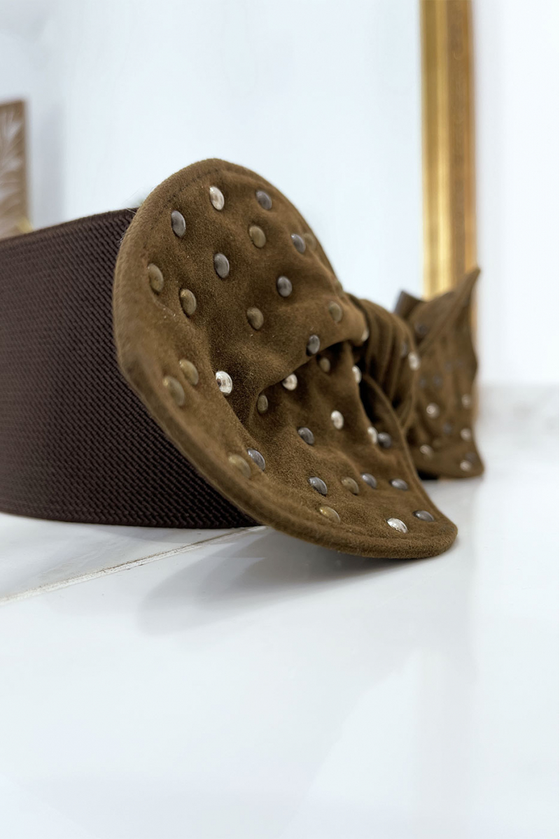 Ceinture élastique marron avec noeud clouté en suédine - 6