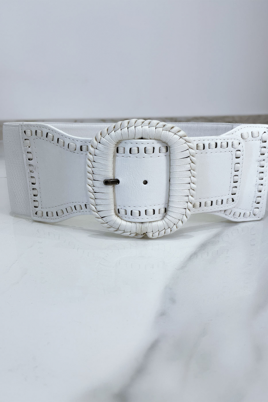 White elastic belt with braided buckle - 1