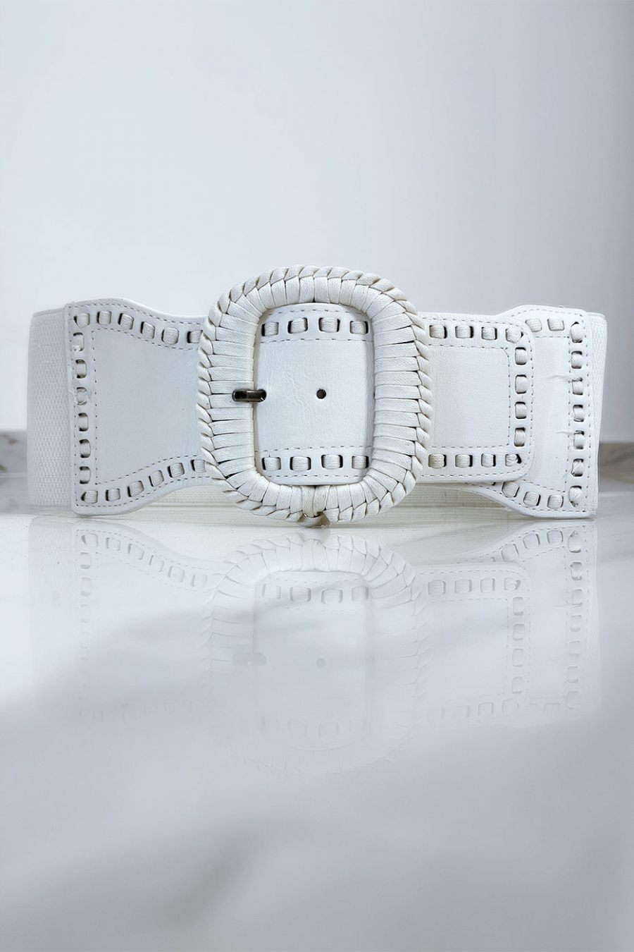 White elastic belt with braided buckle - 2