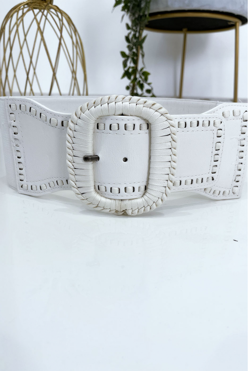 White elastic belt with braided buckle - 5