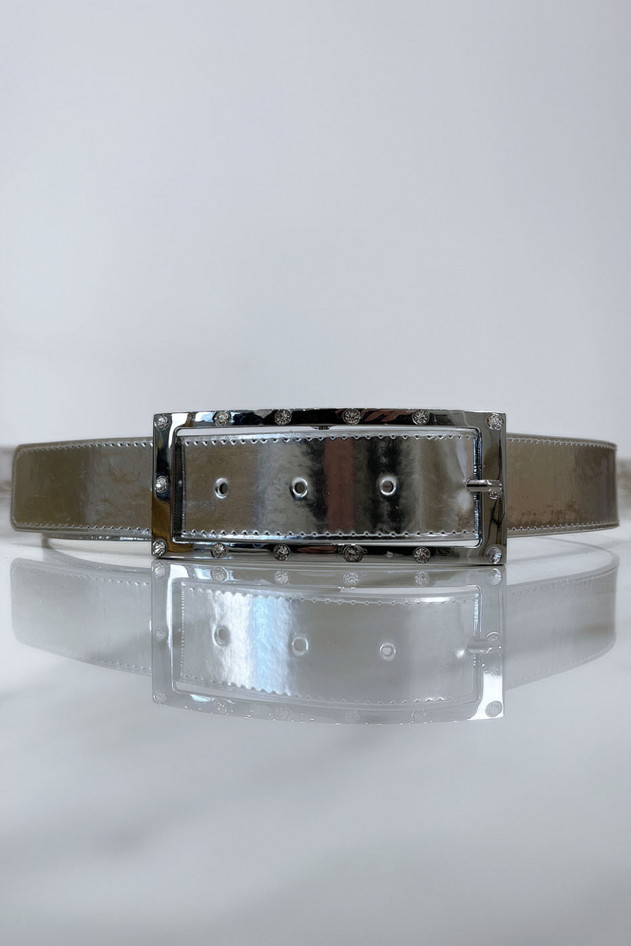 Silver belt with rhinestone and silver rectangle buckle - 1
