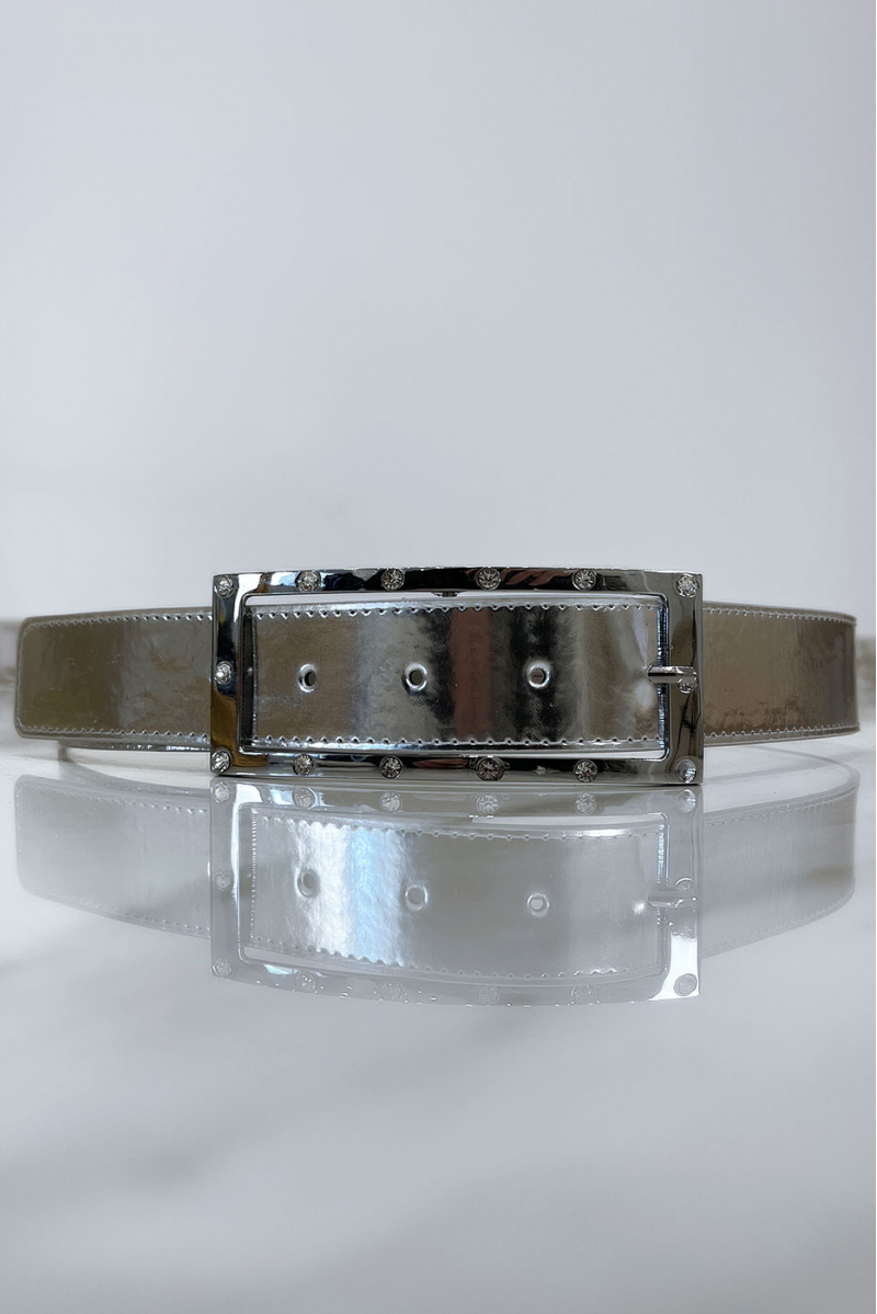 Silver belt with rhinestone and silver rectangle buckle - 1