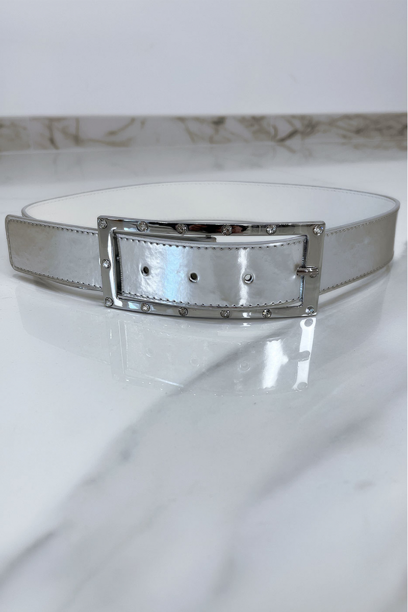 Silver belt with rhinestone and silver rectangle buckle - 2