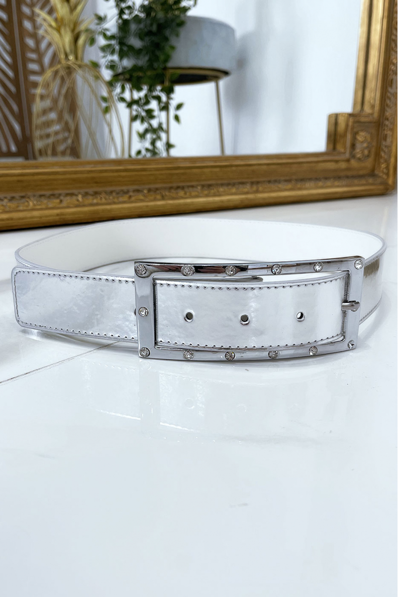 Silver belt with rhinestone and silver rectangle buckle - 3