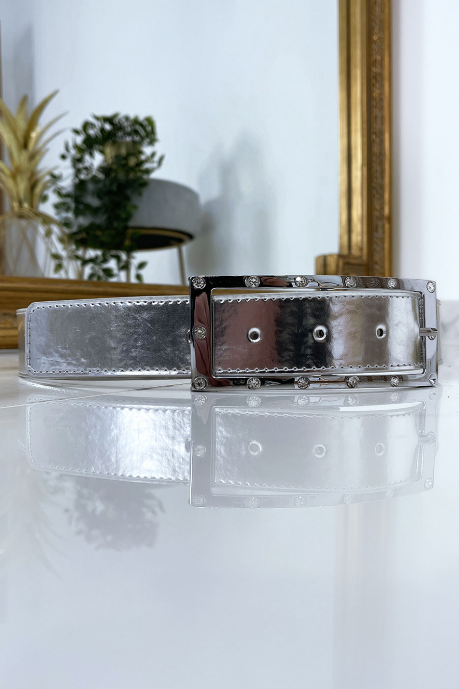 Zilveren riem met strass en zilveren rechthoekige gesp - 4