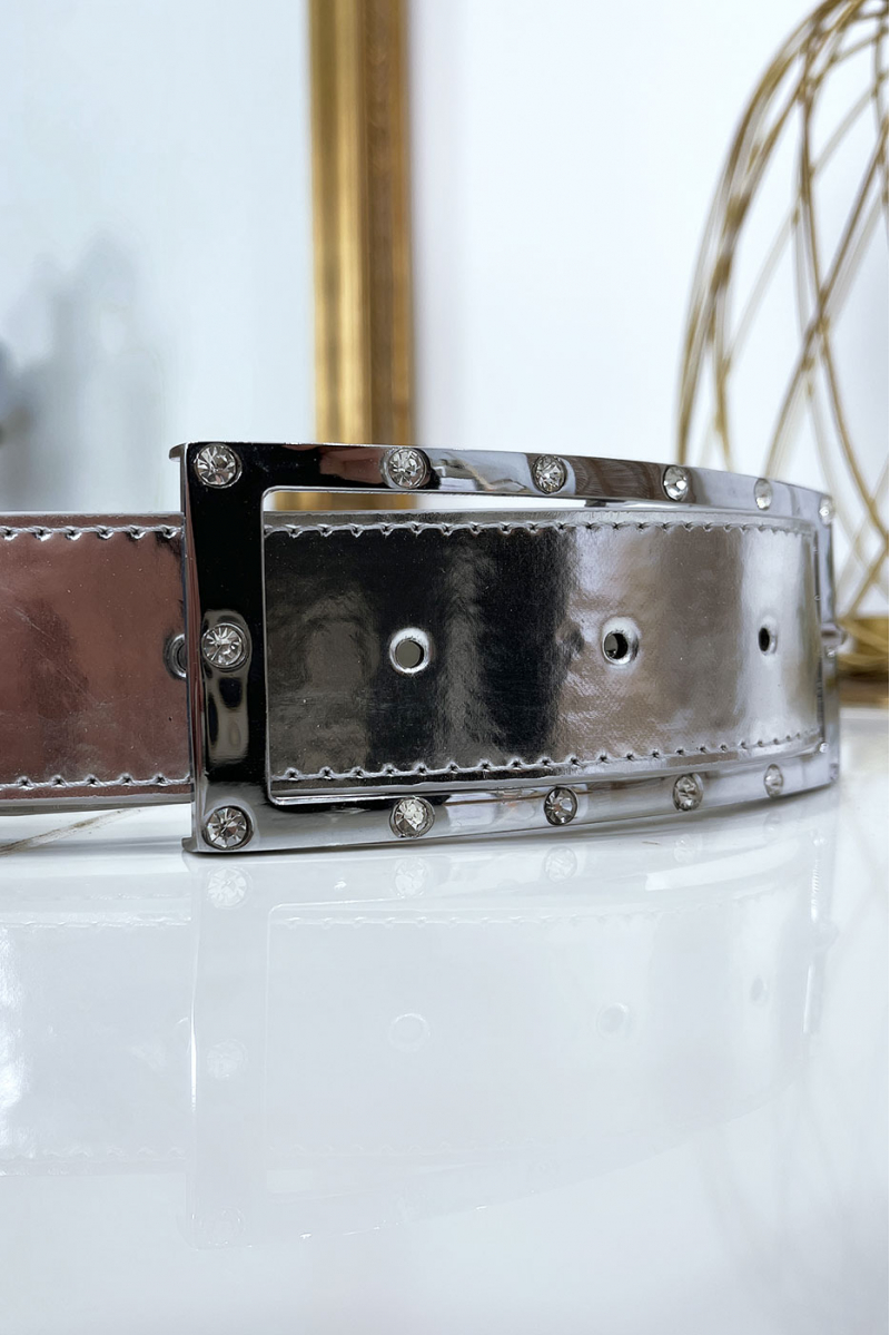 Silver belt with rhinestone and silver rectangle buckle - 5