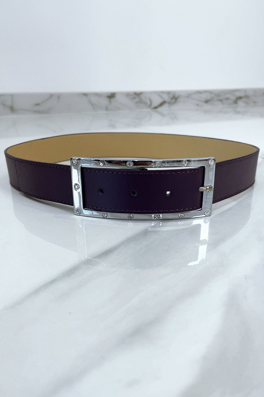 Ceinture violette avec boucle rectangle strass et argenté - 1