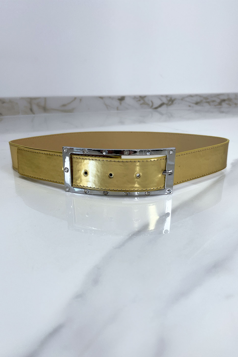 Golden belt with rhinestone and silver rectangle buckle - 1